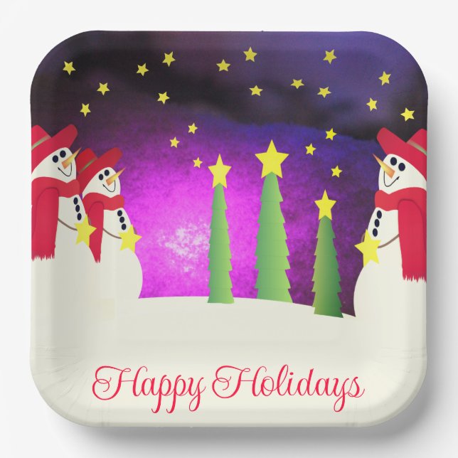Cute Snowman With Red And Purple Paper Plates (Front)