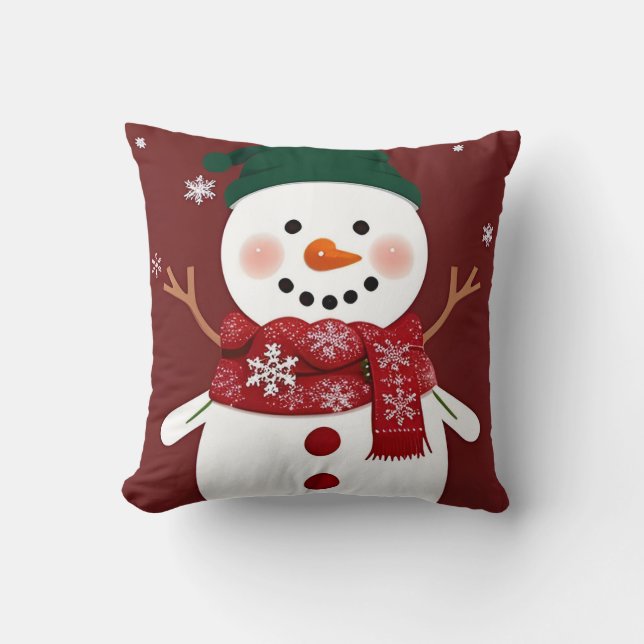 Cute Snowman with Red Scarf Throw Pillow (Front)