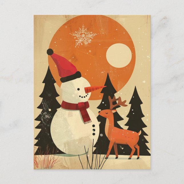 Cute Snowman with Reindeer Retro Mid Century Xmas Postcard (Front)
