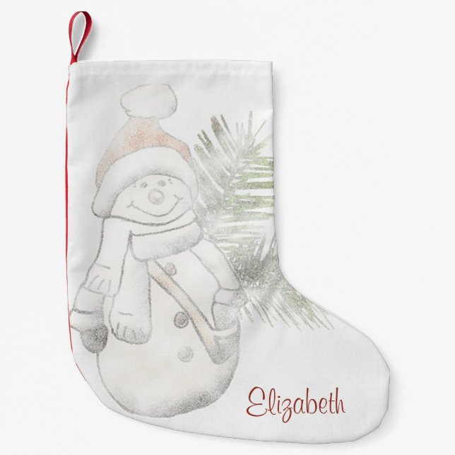 Cute Snowman With Santa Hat  - Personalized Small Christmas Stocking (Front)