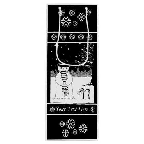 cute snowman with scarf and hat black and white wine gift bag
