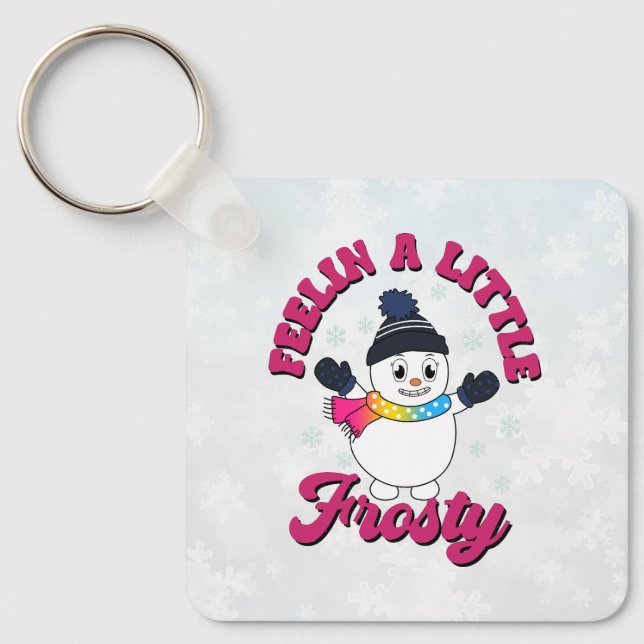 Cute Snowman With Scarf in Pansexual Flag Colors Keychain (Front)