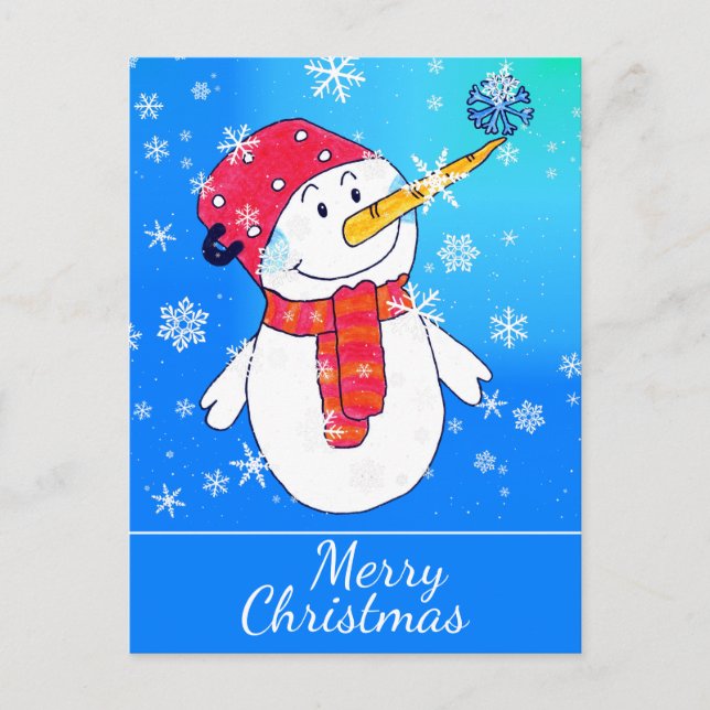 Cute Snowman with Snowflake Drawing Christmas Holiday Postcard (Front)