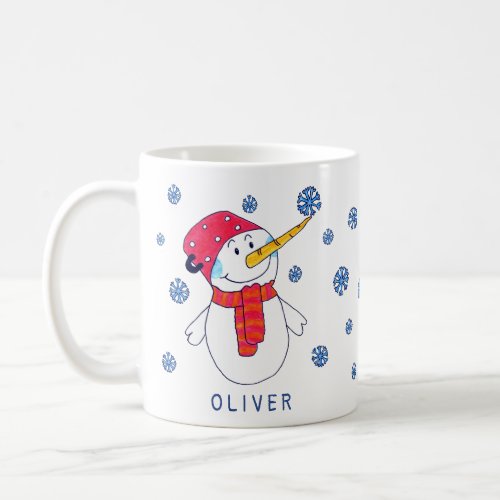 Cute Snowman with Snowflake Drawing Kids Coffee Mug