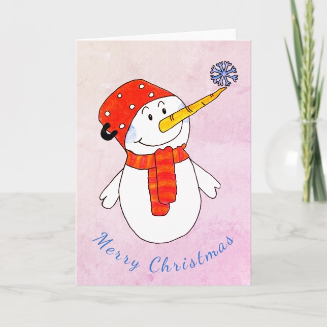 Cute Snowman with Snowflake Kids Christmas Holiday Card (Front)