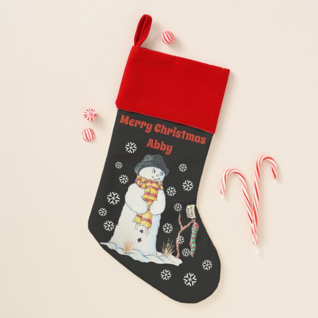 Cute snowman with snowflakes christmas scene black stocking (Front)