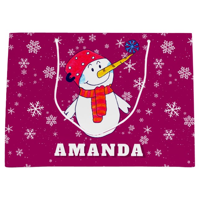 Cute Snowman with Snowflakes Kids Christmas Large Gift Bag (Front)