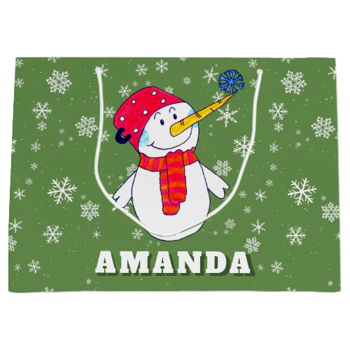 Cute Snowman with Snowflakes Kids Christmas Large Gift Bag