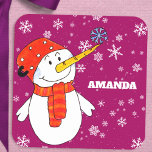 Cute Snowman with Snowflakes Kids Christmas Square Sticker<br><div class="desc">Cute Snowman with Snowflakes Kids Christmas Square Sticker. Snowman Christmas holiday gift sticker for children. Christmas present sticker - personalize the sticker with child`s name. The sticker has a cute snowman with a snowflake on his nose. The background is purple with beautiful white snowflakes in different sizes and shapes. Make...</div>