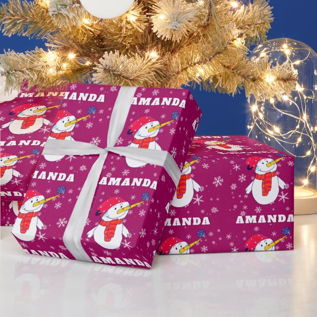 Cute Snowman with Snowflakes Kids Christmas Wrapping Paper (Holidays)