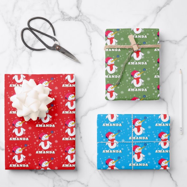 Cute Snowman with Snowflakes Kids Christmas Wrapping Paper Sheets (Front)