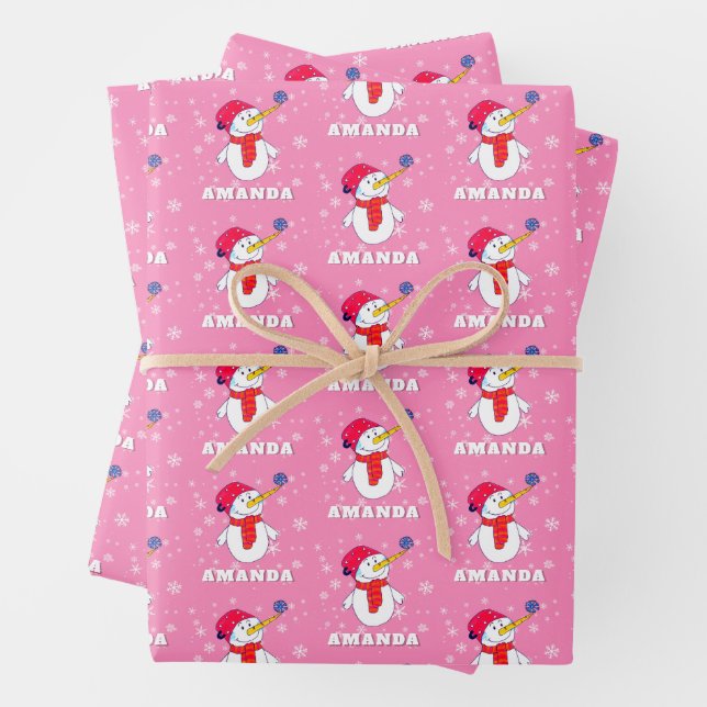 Cute Snowman with Snowflakes Kids Christmas Wrapping Paper Sheets (In situ)