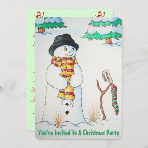 Cute snowman with stocking in snow at christmas invitation