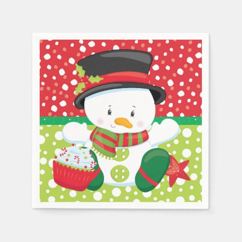Cute snowman with top hat cupcake in snow napkins