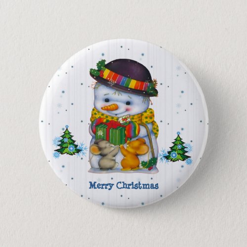 Cute Snowman with two little mice Button