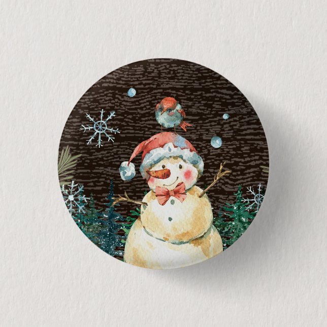 Cute Snowman & Woodland Animals Christmas   Round Button (Front)