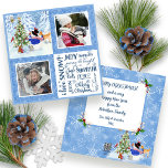 Cute Snowman Woodland Snow Christmas Family Photos Holiday Card<br><div class="desc">Adorable Snowman and his woodland animal friends decorate a Christmas tree in a snowy forest. A deer, owl, rabbit, hedgehog and red Cardinal bird help celebrate the holiday. Typography text word art conveys much of what gives us joy in this season. Two family photographs can be personalized along with your...</div>