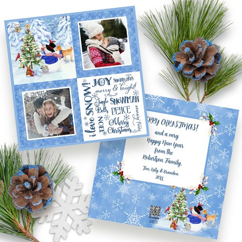 Cute Snowman Woodland Snow Christmas Family Photos Holiday Card