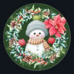 Cute Snowman Wreath Sticker<br><div class="desc">Lovely sticker with an Illustration of a Cute snowman wearing striped scarf,  red gloves and grey green hat,  and watercolor floral wreath placed on a dark green background. To change the background color just click on the customize button and choose your favorite color in the color picker.</div>