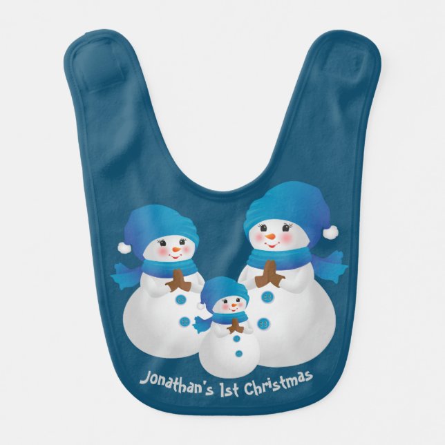 Cute Snowman's Family 1st Christmas Navy Baby Bib (Front)