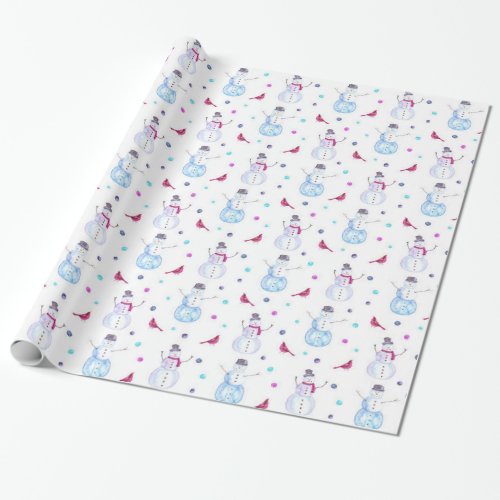 Cute Snowmen and Cardinal Birds Watercolor Pattern Wrapping Paper