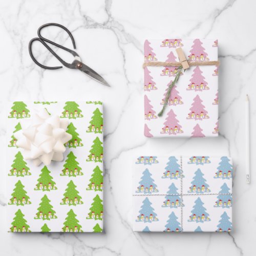 Cute snowmen and Christmas tree pattern holiday Wrapping Paper Sheets