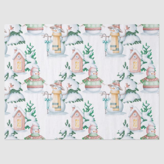 Cute Snowmen and Christmas Trees Decoupage Tissue Paper (Front)