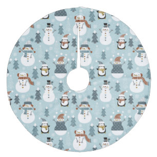 Cute Snowmen and Penguins Fleece Tree Skirt