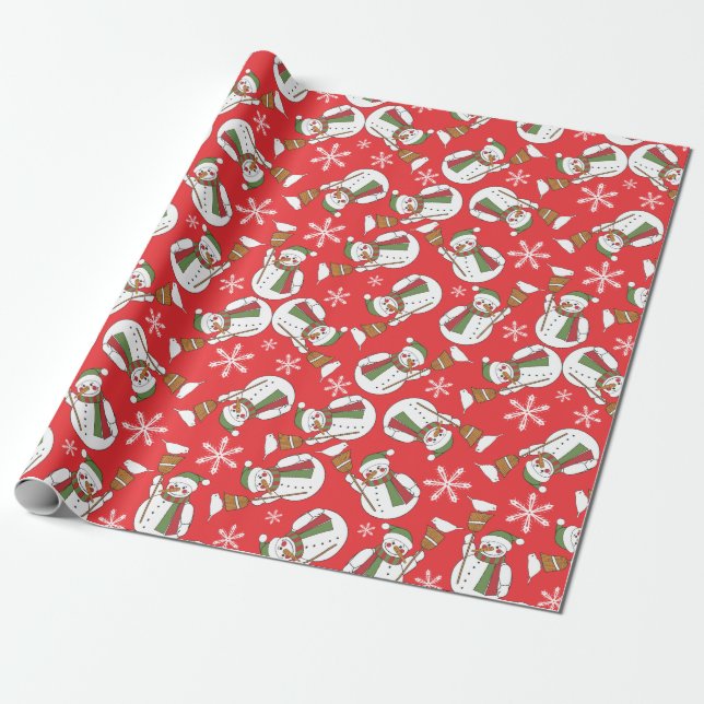 Cute Snowmen and Snowflakes Christmas Wrapping Paper (Unrolled)