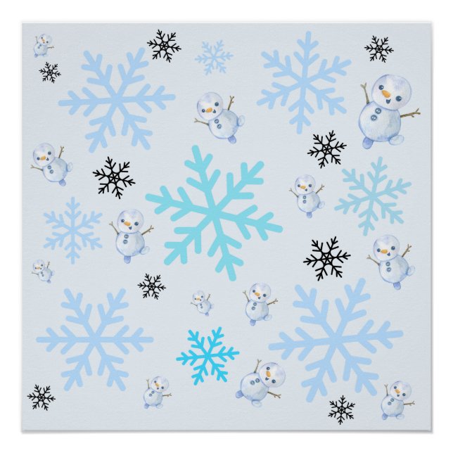 Cute snowmen and snowflakes in light blue poster (Front)