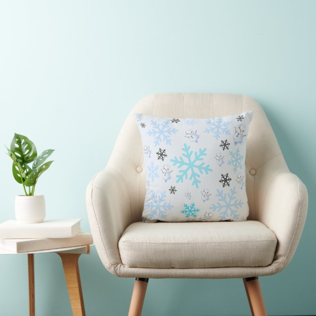 Cute snowmen and snowflakes in light blue throw pillow (Chair)