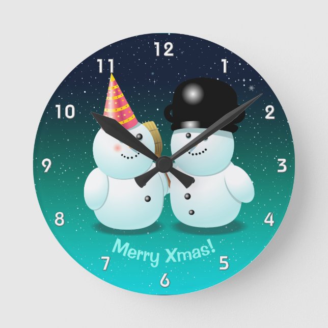 Cute Snowmen Cartoon Round Clock (Front)