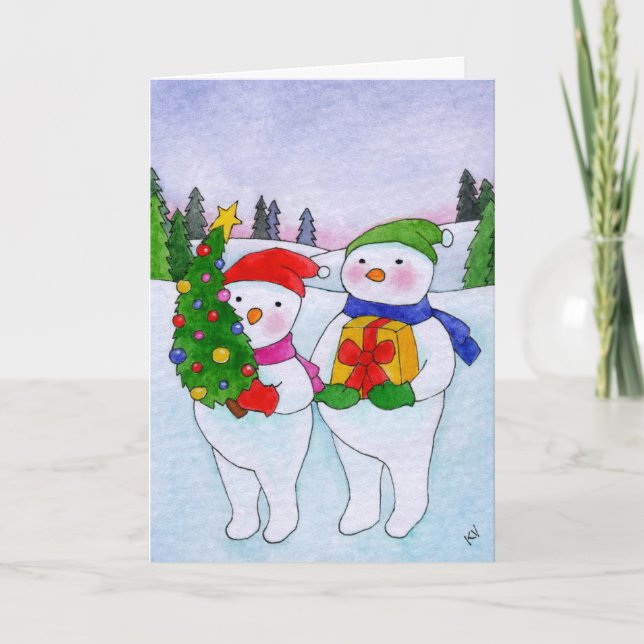 Cute Snowmen Christmas Tree Gift Holiday Card (Front)