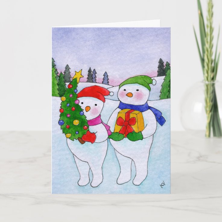 Cute Snowmen Christmas Tree Gift Holiday Card Zazzle