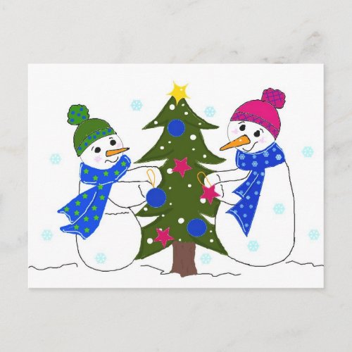 Cute Snowmen Decorating a Tree Postcard