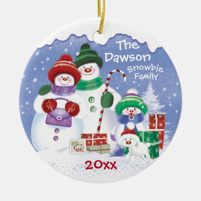 Cute Snowmen, Family of 3 Snowbies, Christmas Ceramic Ornament (Front)