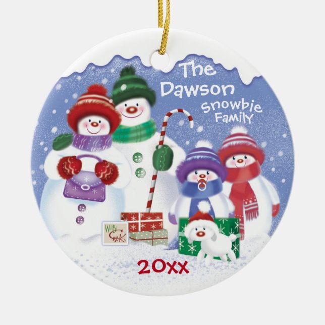 "Cute Snowmen, Family of 4 Snowbies, Christmas Ceramic Ornament (Front)