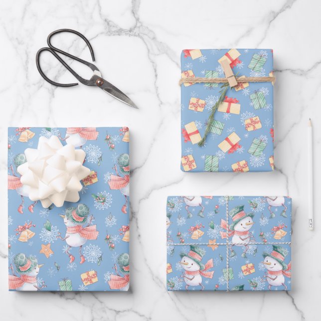 Cute Snowmen Gifts Snowflakes on Blue Christmas Wrapping Paper Sheets (Front)