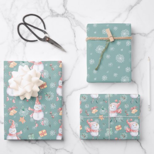 Cute Snowmen Gifts Snowflakes on Green Christmas Wrapping Paper Sheets