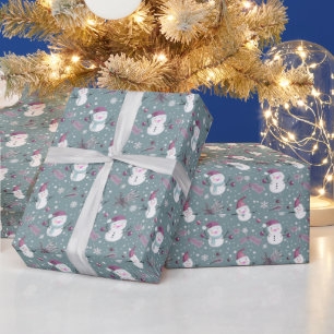 Cute Snowmen Greenery Snow Green Christmas Wrapping Paper