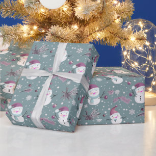 Cute Snowmen Greenery Snow Green Christmas Wrapping Paper