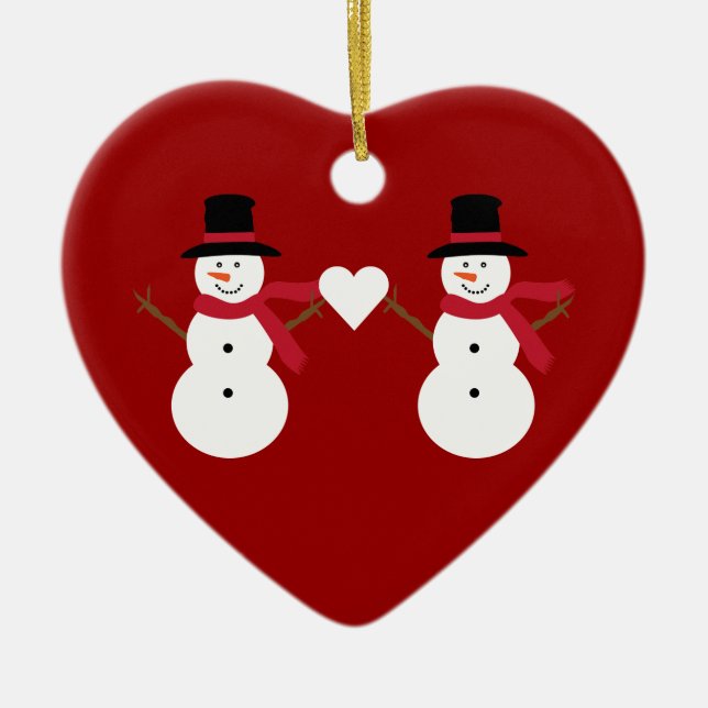 Cute Snowmen & Heart Red Heart Shaped Ornament (Front)
