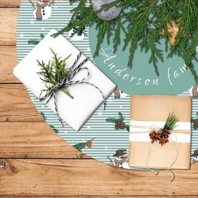 Cute snowmen in a green and white stripes  brushed polyester tree skirt (Cute snowmen in a green and white stripes brushed polyester tree skirt
)