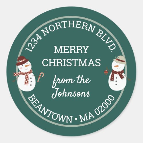 Cute Snowmen in Plaid Scarves on Teal Classic Round Sticker