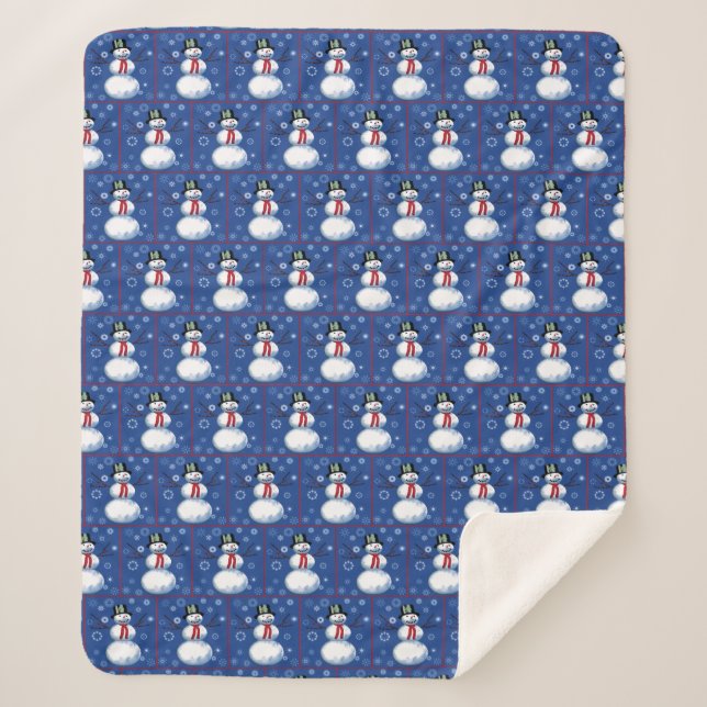 Cute Snowmen on blue with snow flakes Sherpa Blanket (Front)
