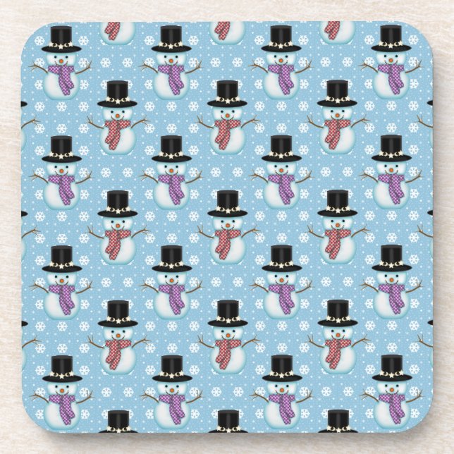 Cute Snowmen on Pale Blue Pattern Coaster (Front)