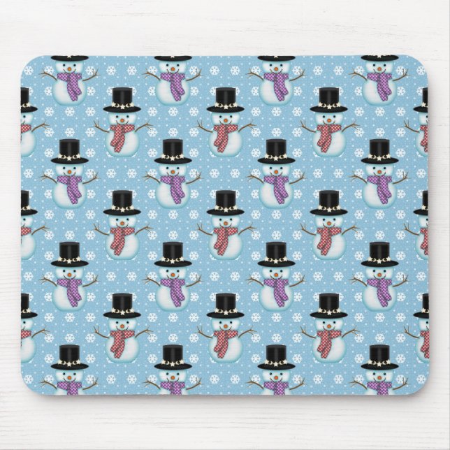 Cute Snowmen on Pale Blue Pattern Mouse Pad (Front)