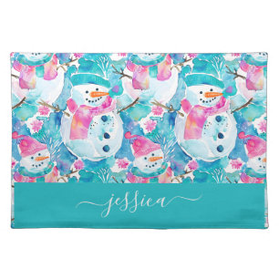 Cute snowmen on turquoise script name cloth placemat