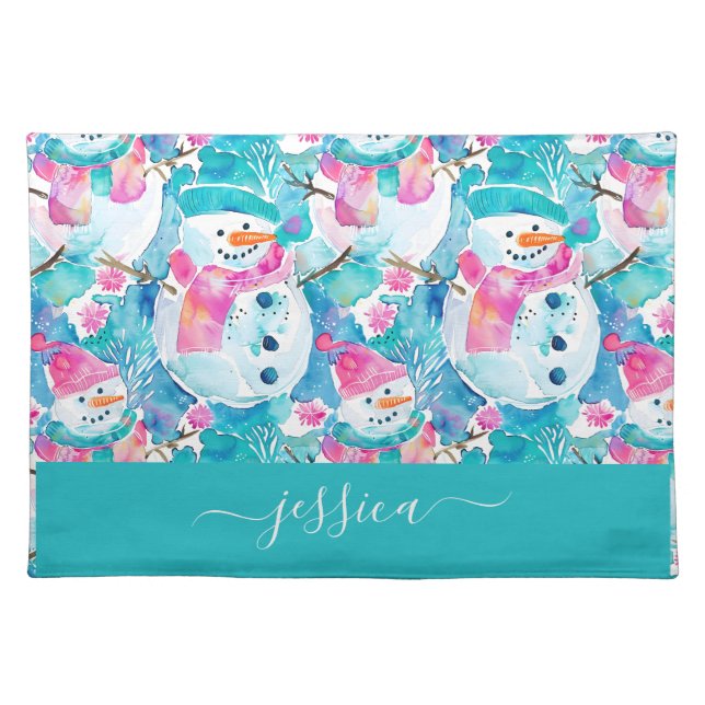 Cute snowmen on turquoise script name cloth placemat (Front)