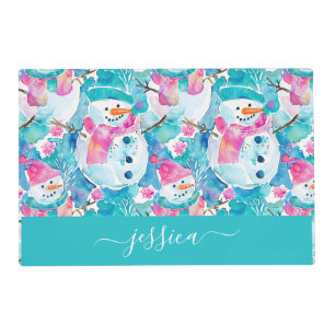 Cute snowmen on turquoise script name placemat